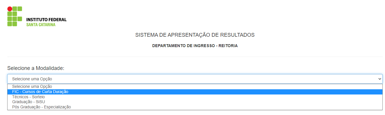 Tela do Sistema de Resultados do IFSC