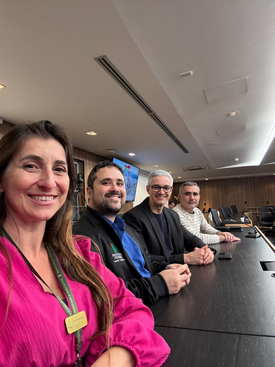 Vanessa Grando (pró-reitora de Administração), Diego Albino Martins (pró-reitor de Desenvolvimento Institucional), Tiago Semprebom (pró-reitor de Pesquisa, Pós-Graduação e Inovação) e Maick Viana (pró-reitor de Extensão e Relações Externas) durante o Fórum Parlamentar Catarinense na Fiesc