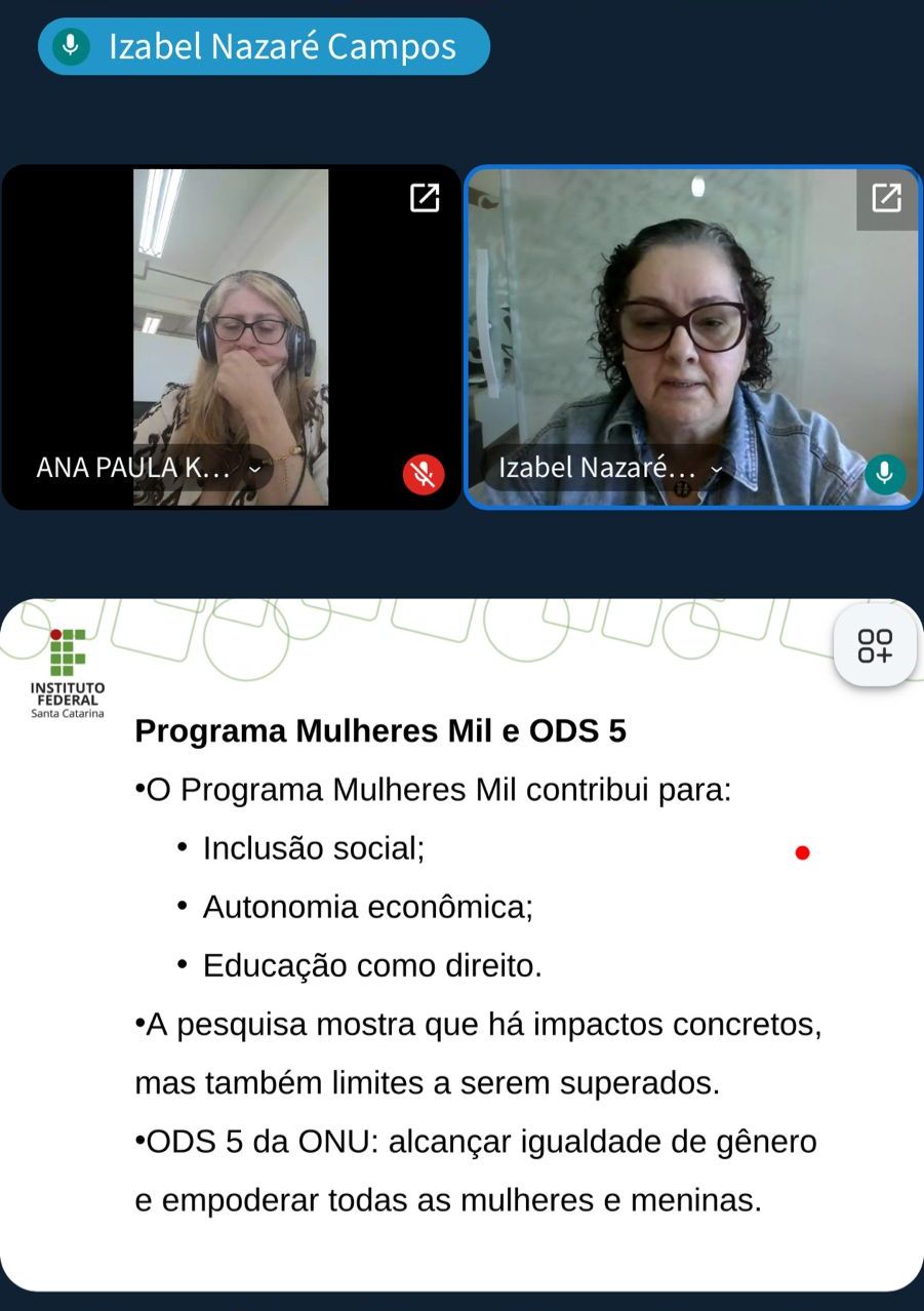 Defesa da dissertação 'Entre transformações e trajetórias: uma avaliação dos possíveis impactos do Programa Mulheres Mil na vida de suas egressas' no ProfEPT. Foto: Acervo pessoal