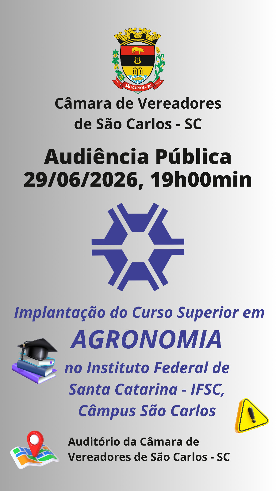 Audiência pública será na Câmara de Vereadores, às 19h, na segunda-feira